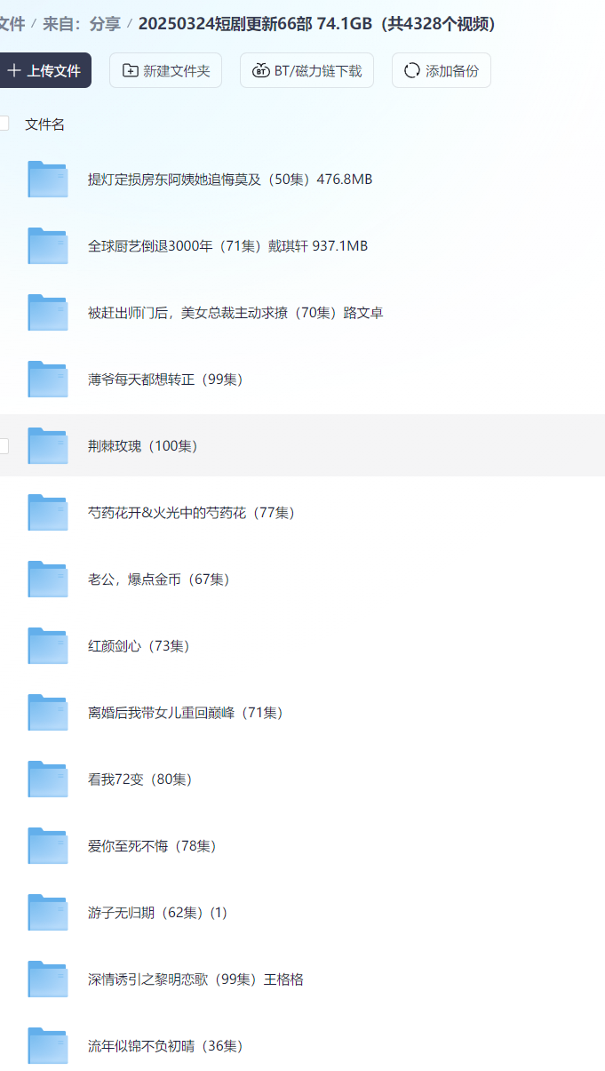 【短剧】20250324短剧更新66部 74.1GB（共4328个视频）
