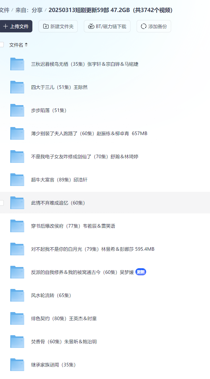 【短剧】20250313短剧更新59部  47.2GB（共3742个视频）