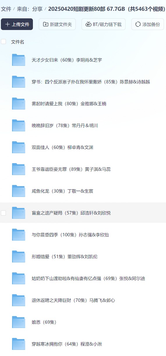 【短剧】20250420短剧更新80部  67.7GB（共5463个视频）