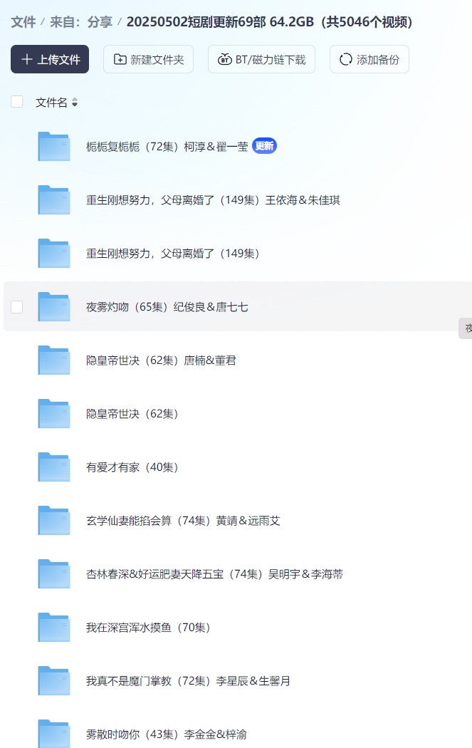 【短剧】20250502短剧更新69部  64.2GB（共5046个视频）