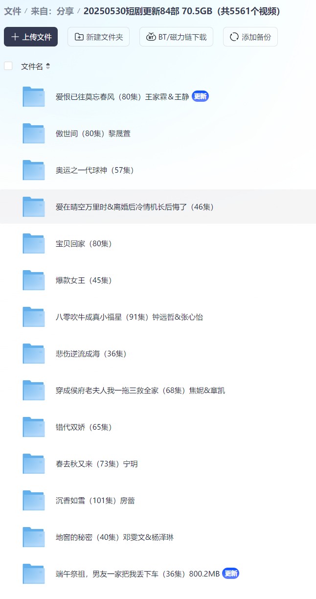 【短剧】20250530短剧更新84部 70.5GB（共5561个视频）