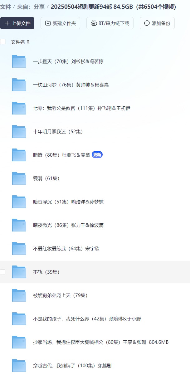 【短剧】20250504短剧更新94部  84.5GB（共6504个视频）