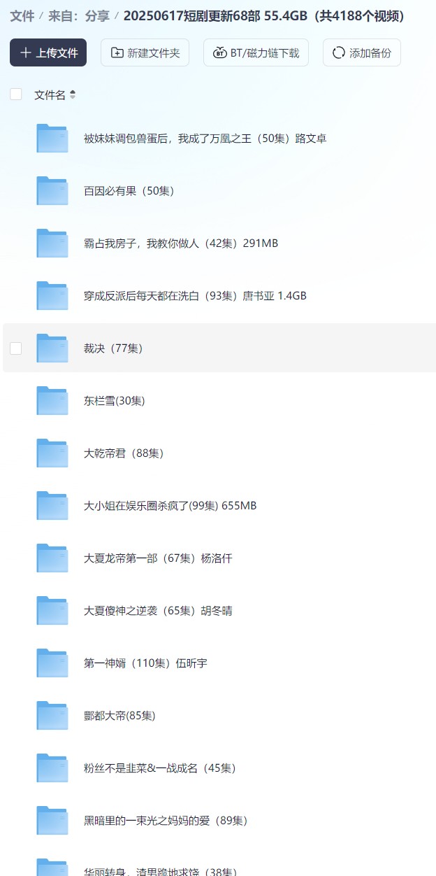 【短剧】20250617短剧更新68部 55.4GB（共4188个视频）