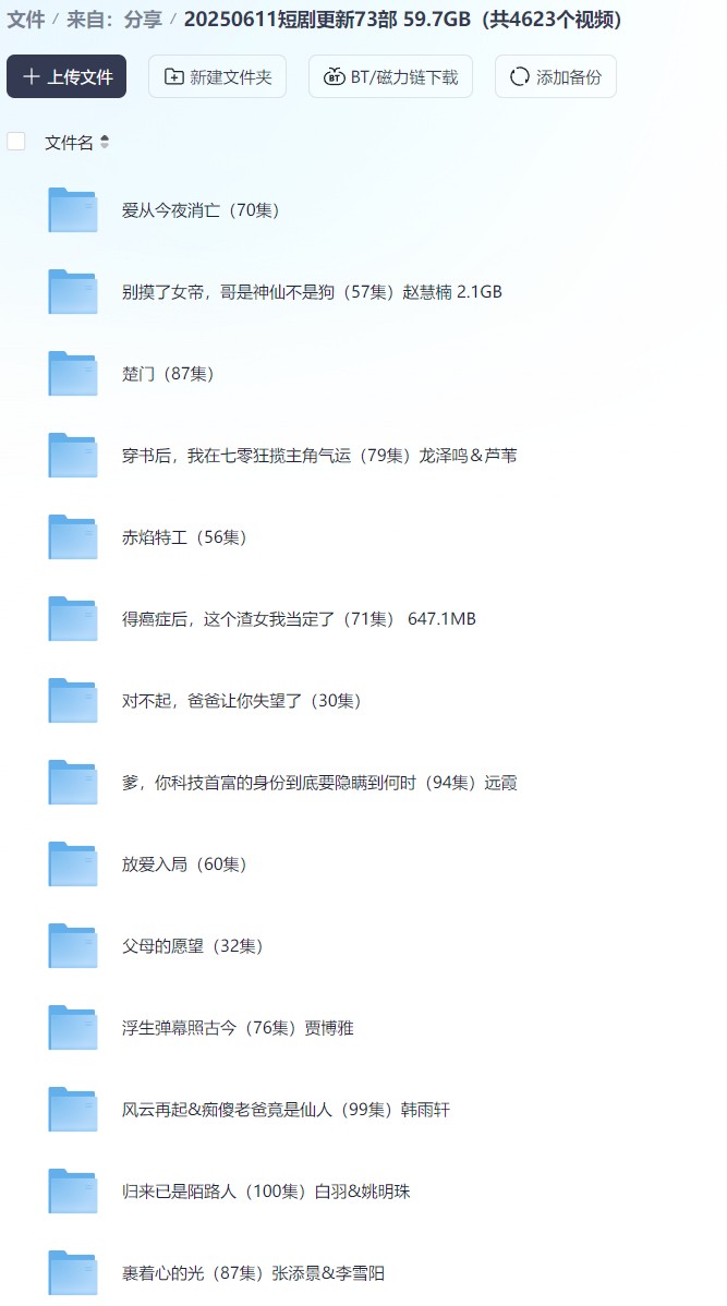 【短剧】20250611短剧更新73部 59.7GB（共4623个视频）