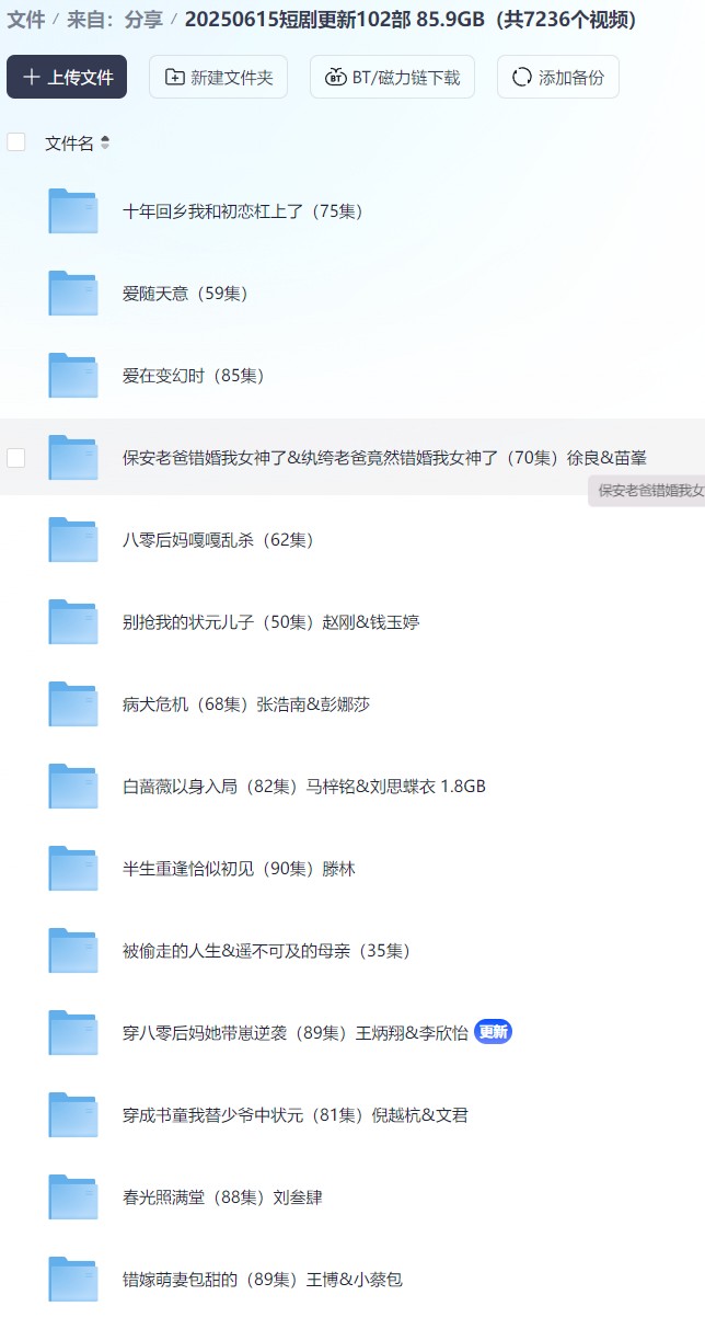 【短剧】20250615短剧更新102部 85.9GB（共7236个视频）