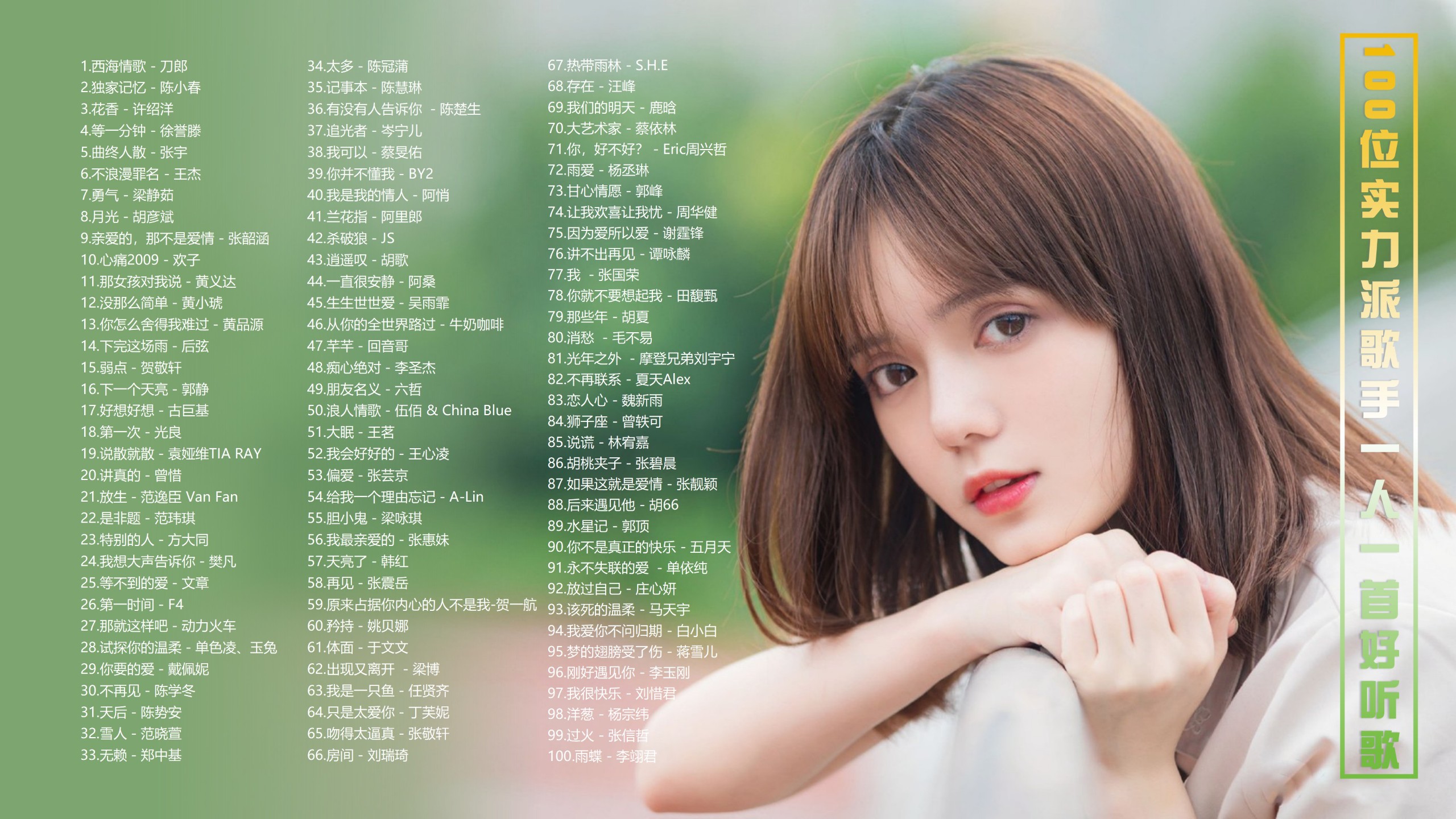【100位歌手一人一首带歌词】珍藏100位百听不厌的实力派流行歌手一人一首好听歌曲！ [MP3/0.98G]