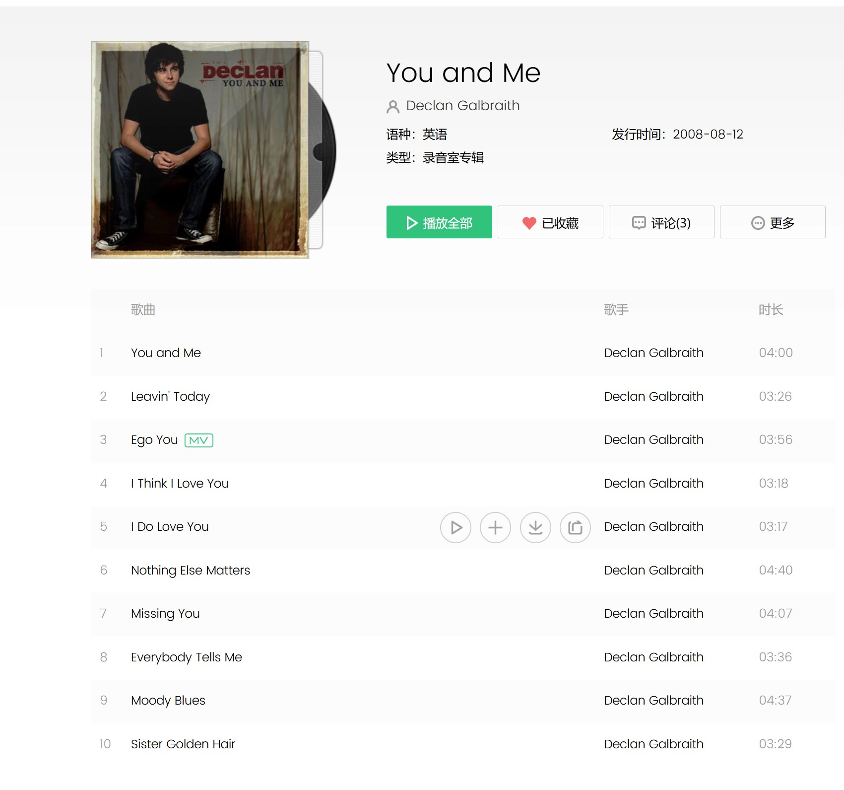 《You and Me [ACC]》 Declan Galbraith （ 2012年）专辑【acc 分轨0.5G】不是高清资源，我木有，哪位大神有可以给我留言