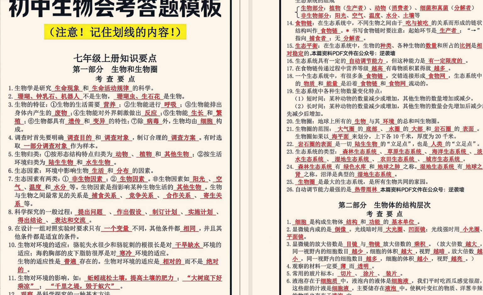 初中生物1-4册高频会考点 答题模板. PDF 22.9M