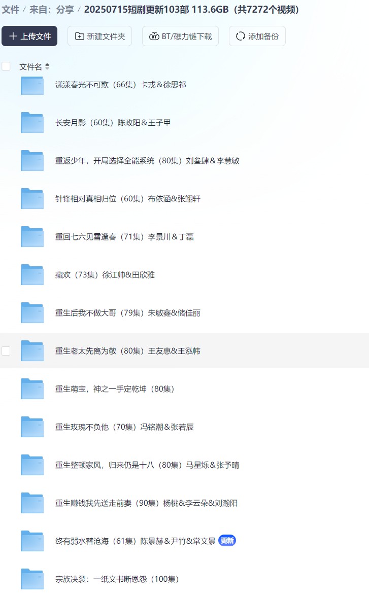 【短剧】20250715短剧更新103部  113.6GB（共7272个视频）